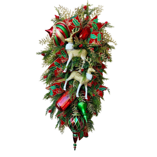 Handmade Extra Large Christmas Swag: Rhinestone Reindeer, Holiday Door Decor