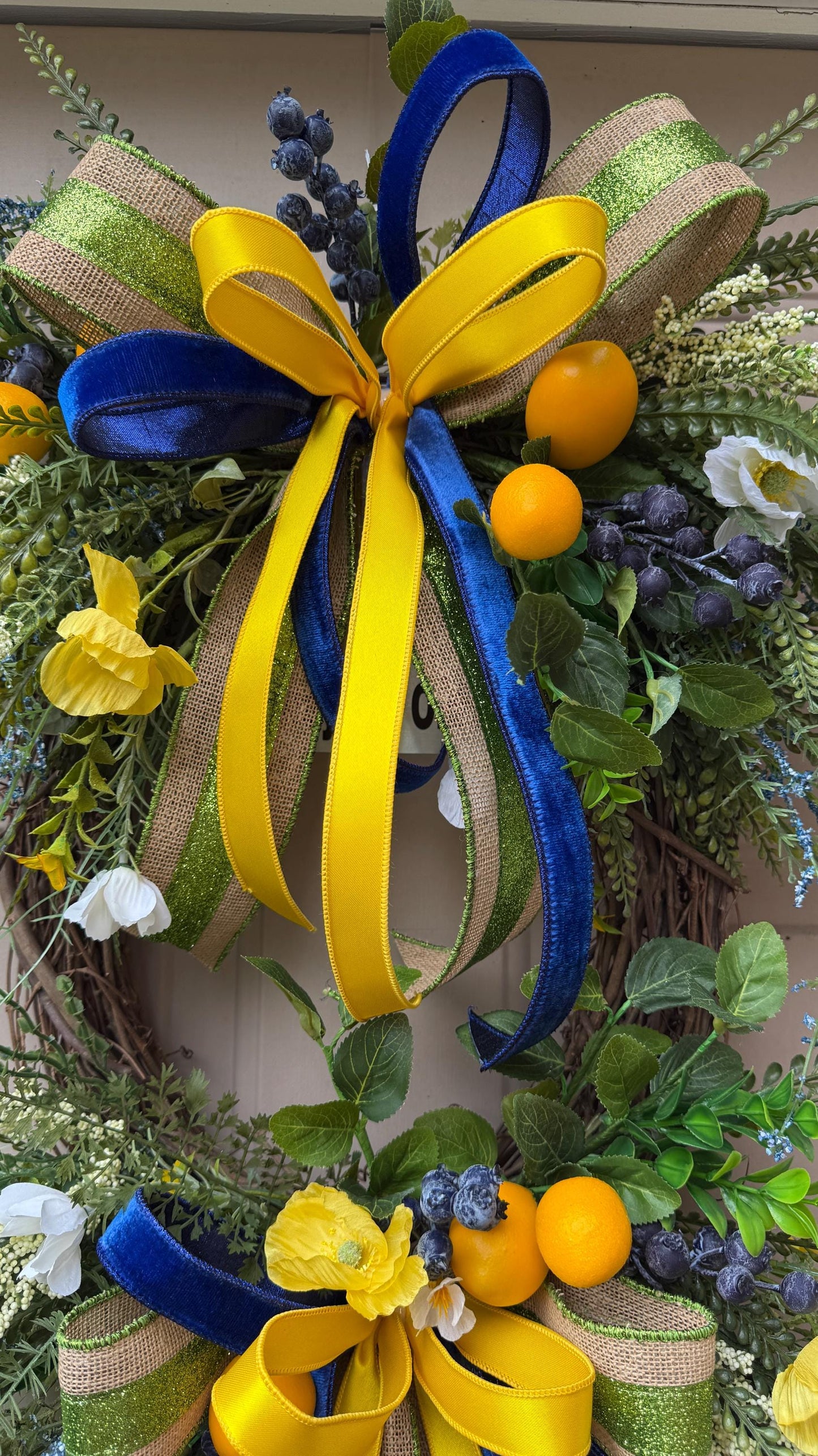 Lemon Grapevine Door Wreath, Yellow Flowers, Blue Ribbons, Handmade