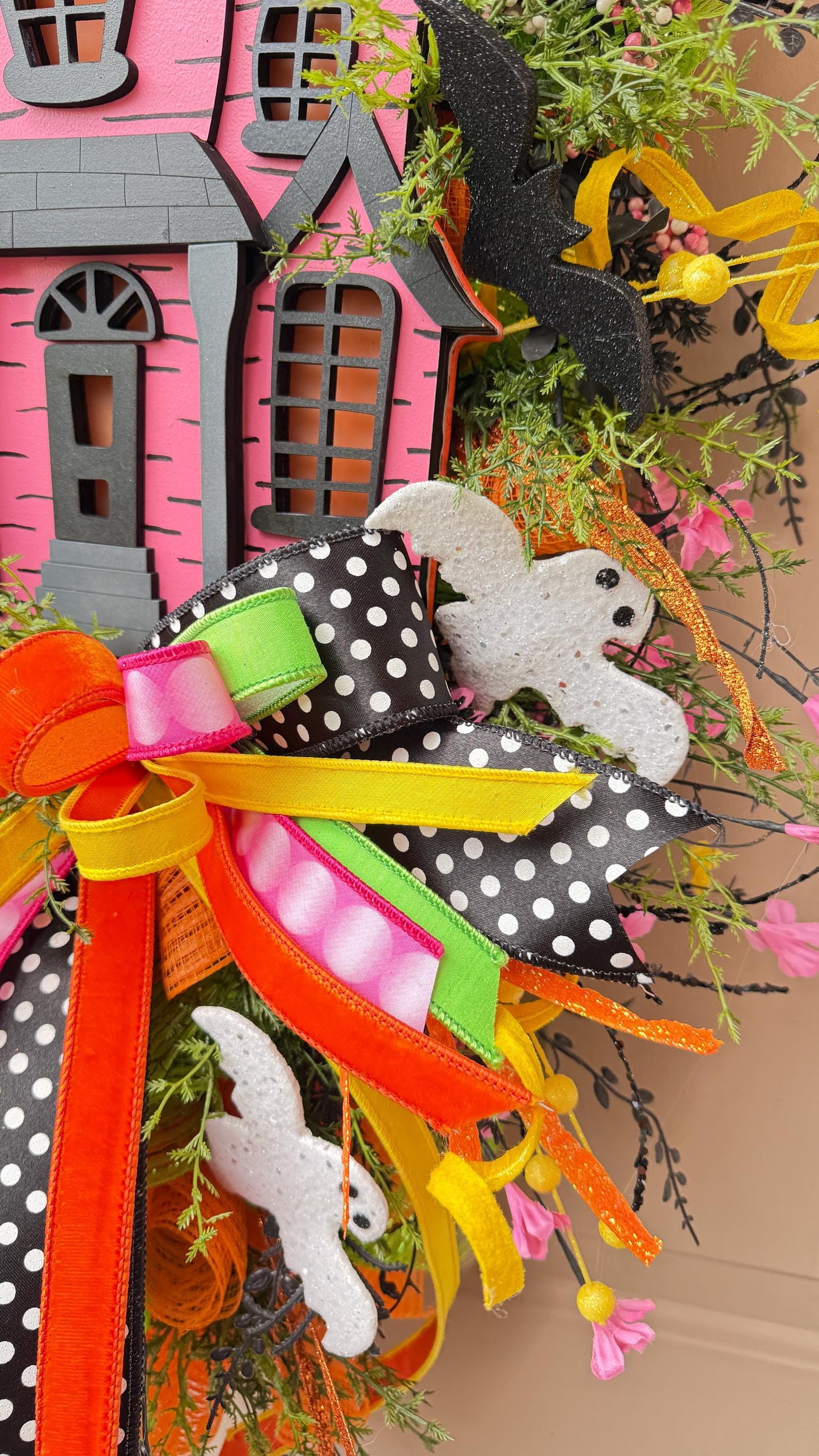Light Up Haunted House Halloween Swag with Remote Pink Black Orange Door Swag
