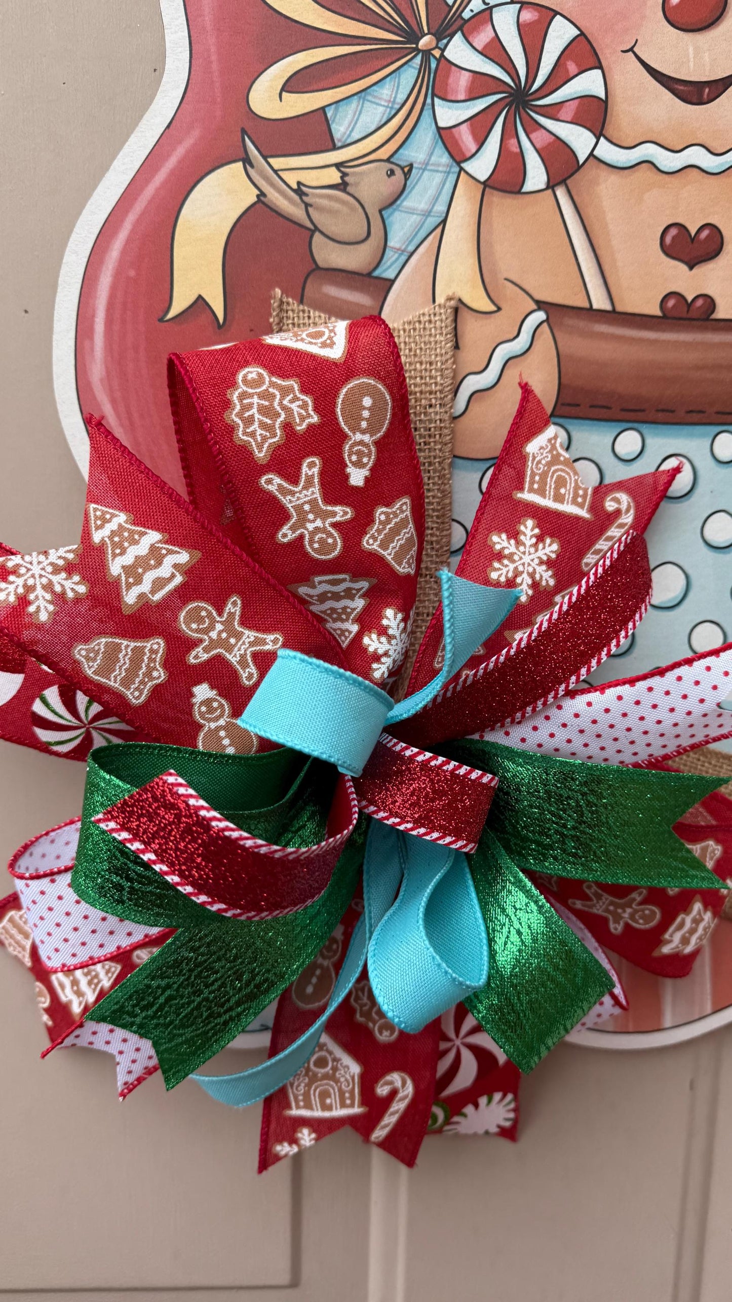 Handmade Gingerbread door hanger, Christmas Candy decor with bow, Holiday Kitchen Wall Art, Festive Gingerbread decoration for front door