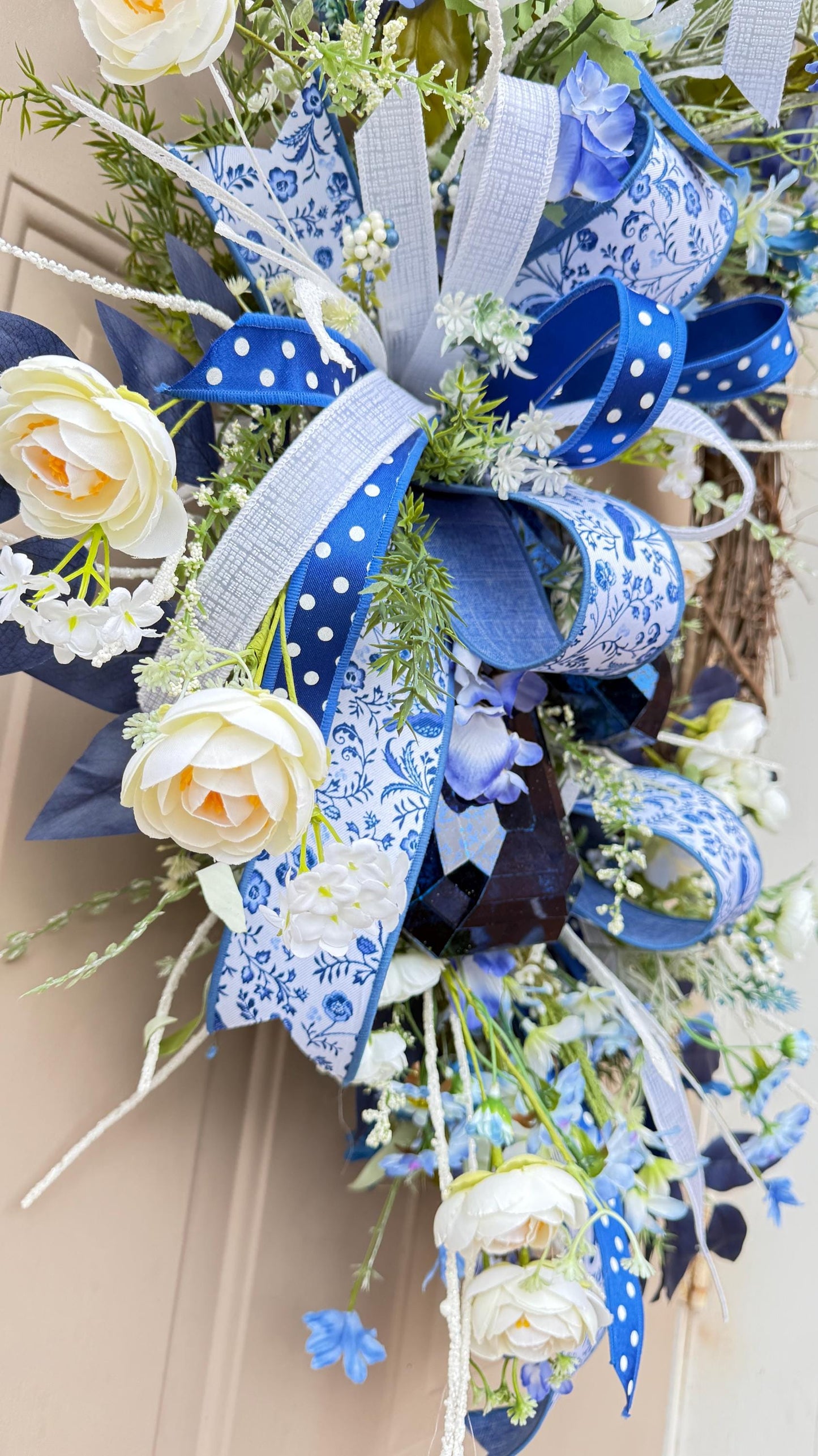 Blue Floral Wreath: French Countryside Decor, Silk Roses (24 inch)