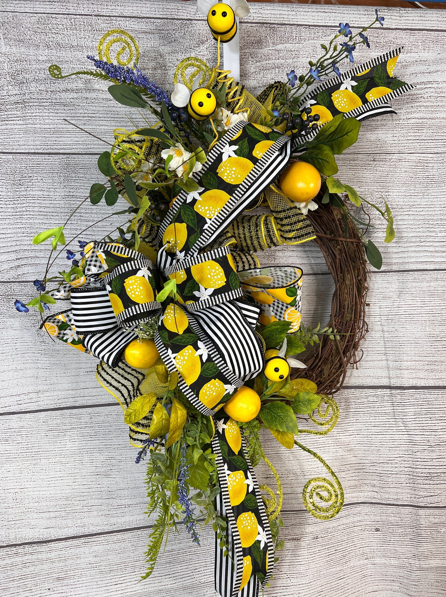 Black and Yellow Bee Wreath with Lemon Accents, Front Door Decor, Black and Yellow Bow