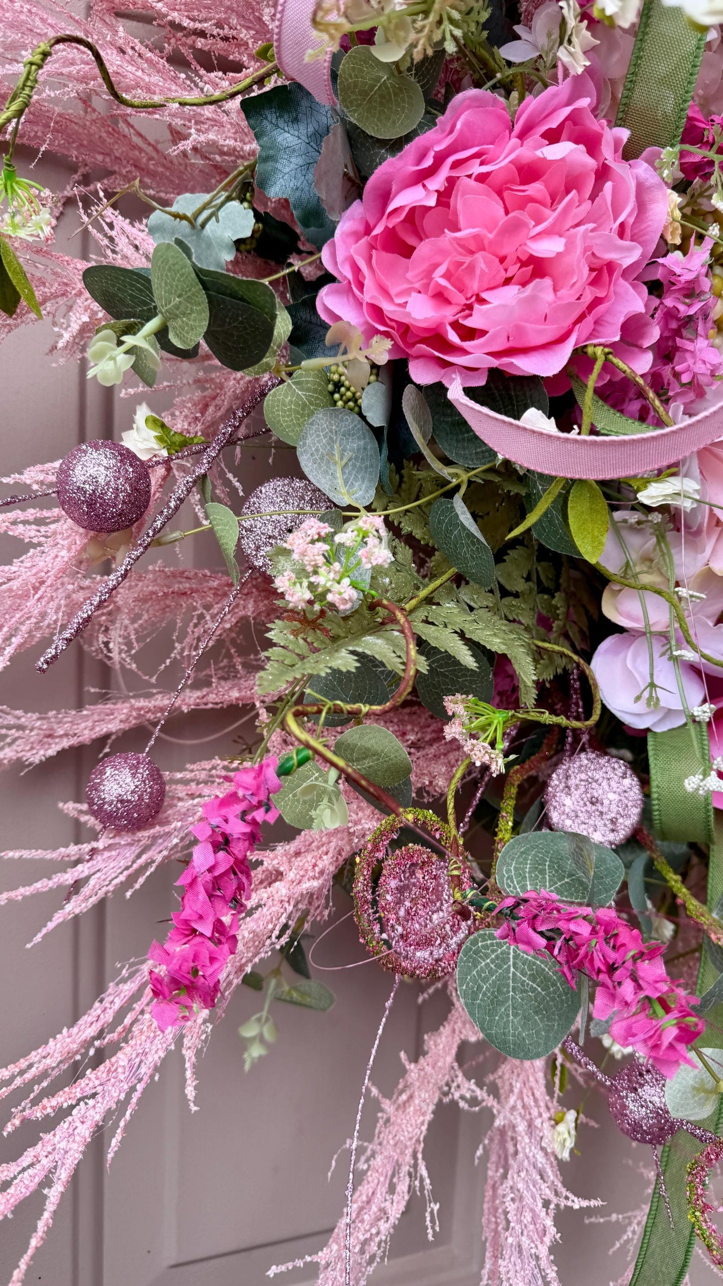 Floral Grapevine Wreath: Pink Wildflowers, Lace Bow, Farmhouse Decor