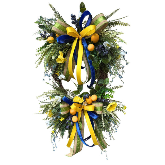 Lemon Grapevine Door Wreath, Yellow Flowers, Blue Ribbons, Handmade