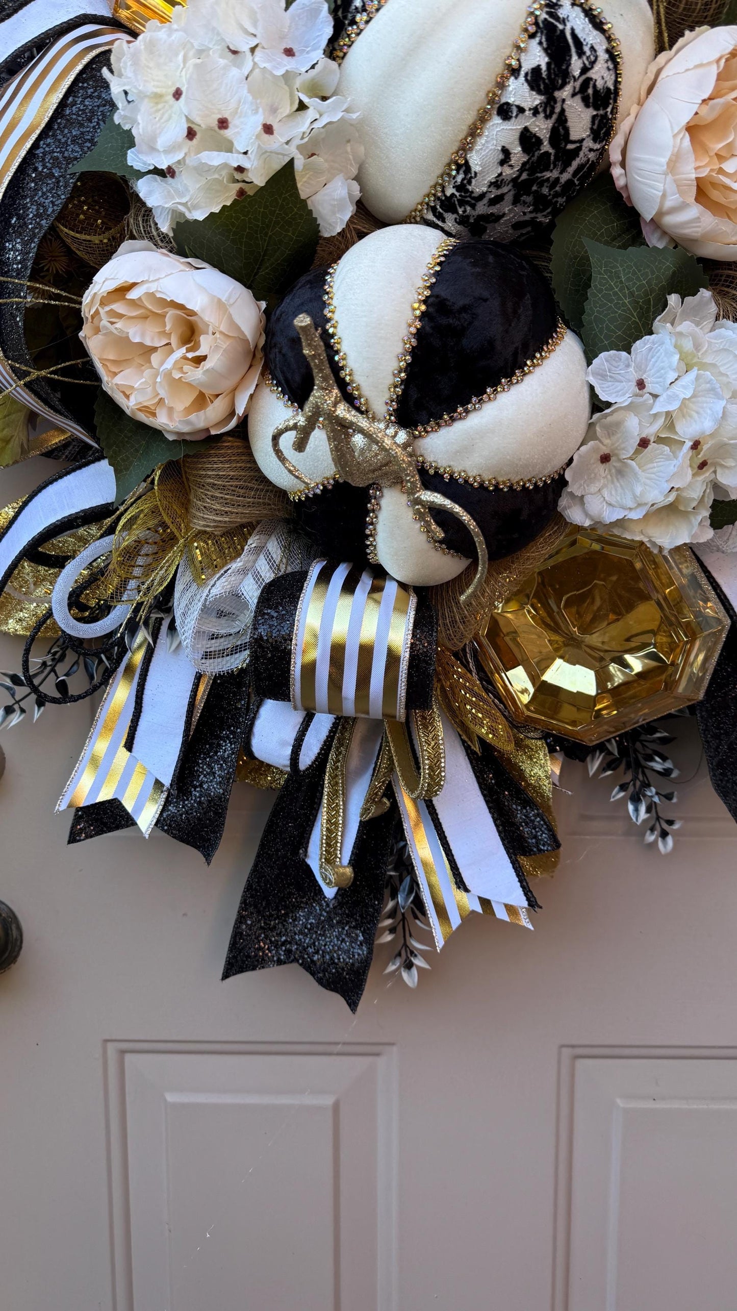 Luxury Fall Wreath: Black, Gold, & Velvet Jeweled Pumpkins