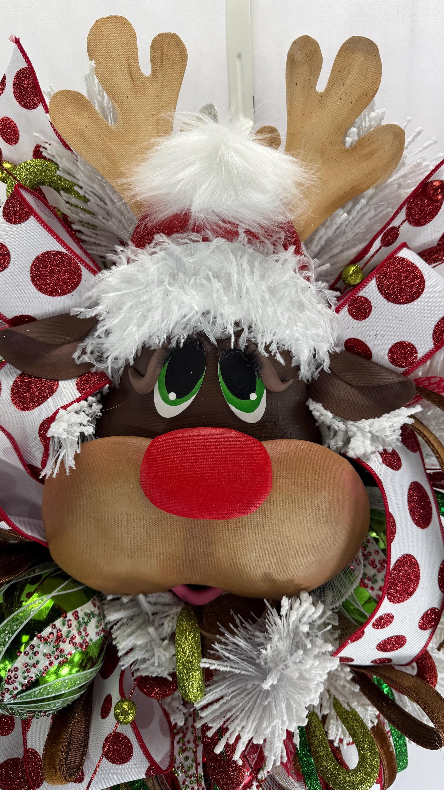 Handmade Rustic Reindeer Wreath, Red And White Holiday Decor for a Warm Welcome, Festive Decor