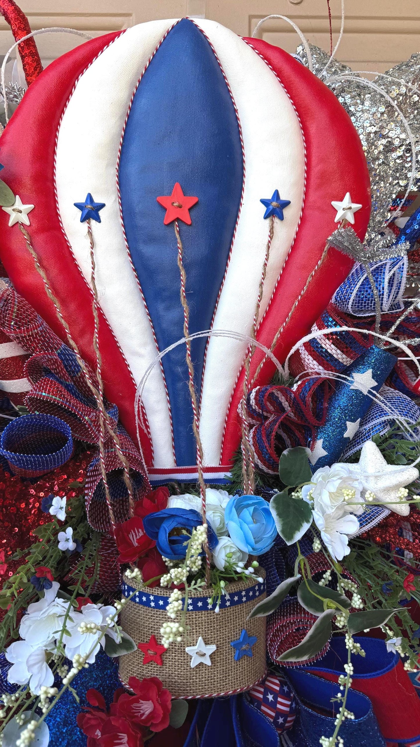 Patriotic Hot Air Balloon Wreath: 4th of July Americana Door Decor