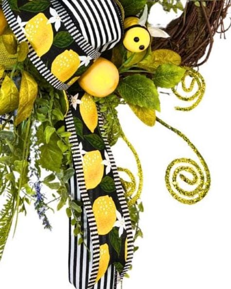 Black and Yellow Bee Wreath with Lemon Accents, Front Door Decor, Black and Yellow Bow