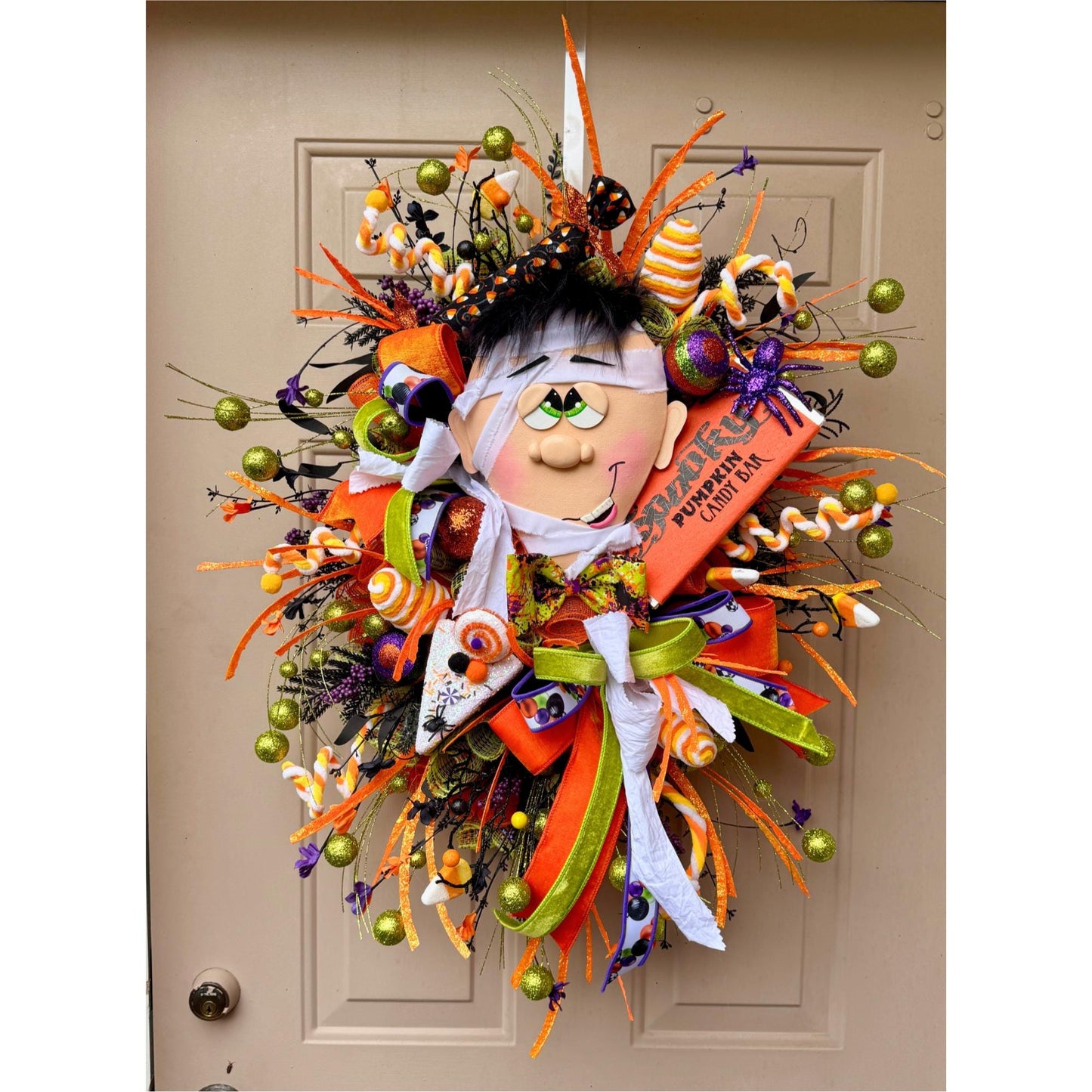Mummy Halloween Wreath: Handmade Deco Mesh, Candy Corn Decor