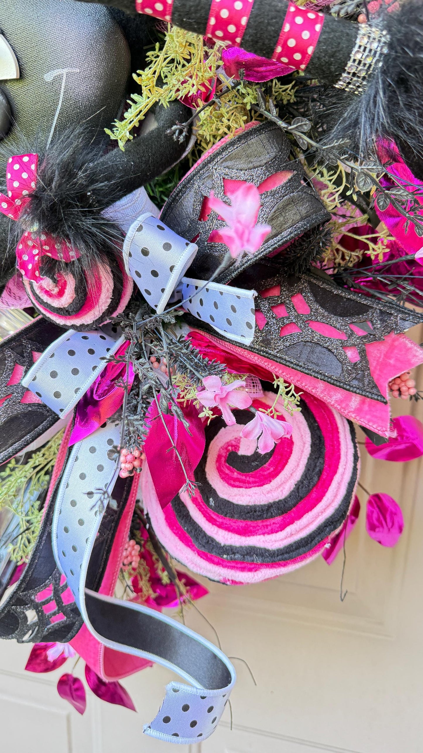 Pink & Black Spider Wreath, Rhinestone Spider, Designer Ribbon Bow, Halloween Luxury Door Decoration