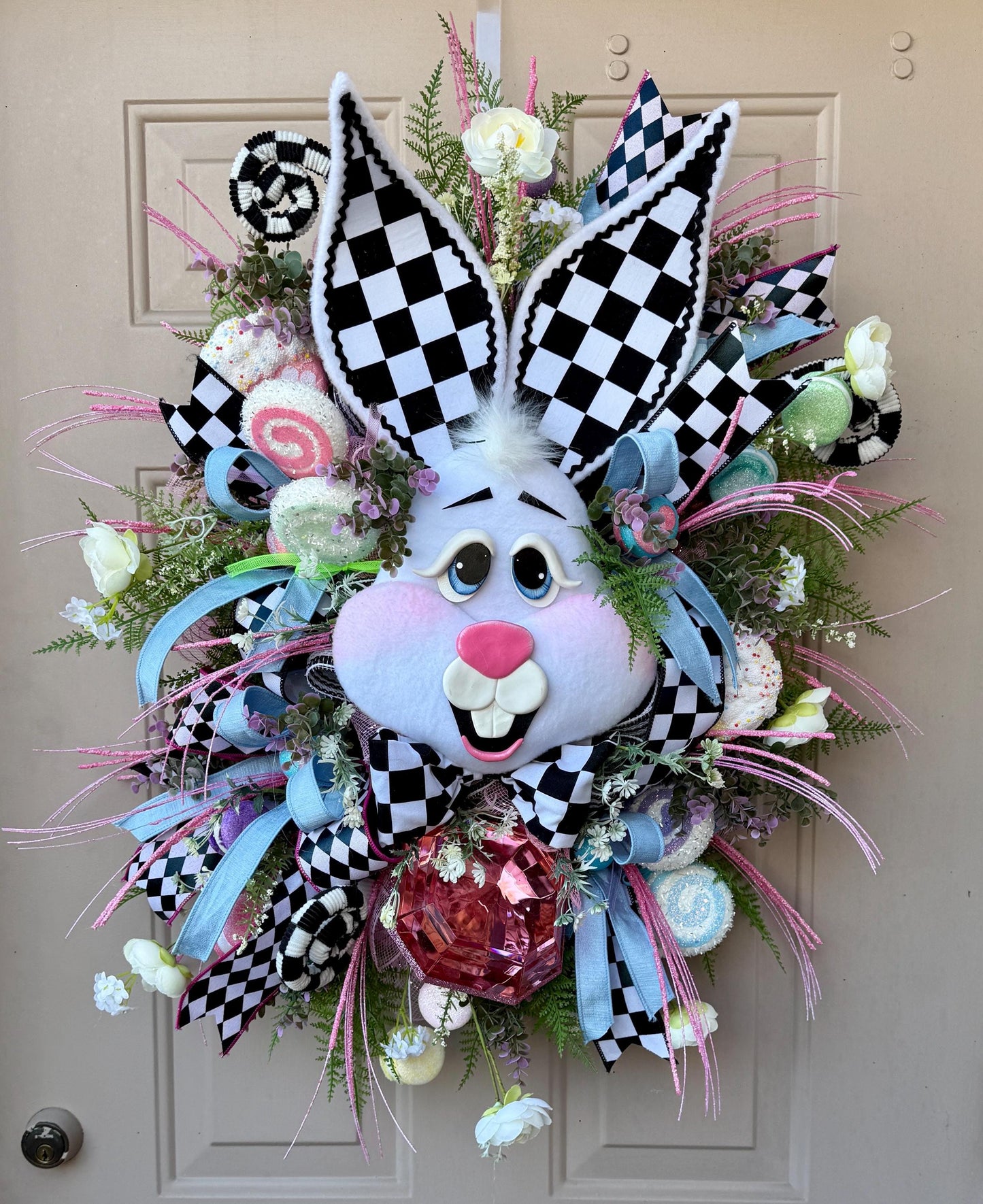 Pink Gem Easter Wreath: Handmade Bunny Door Decor