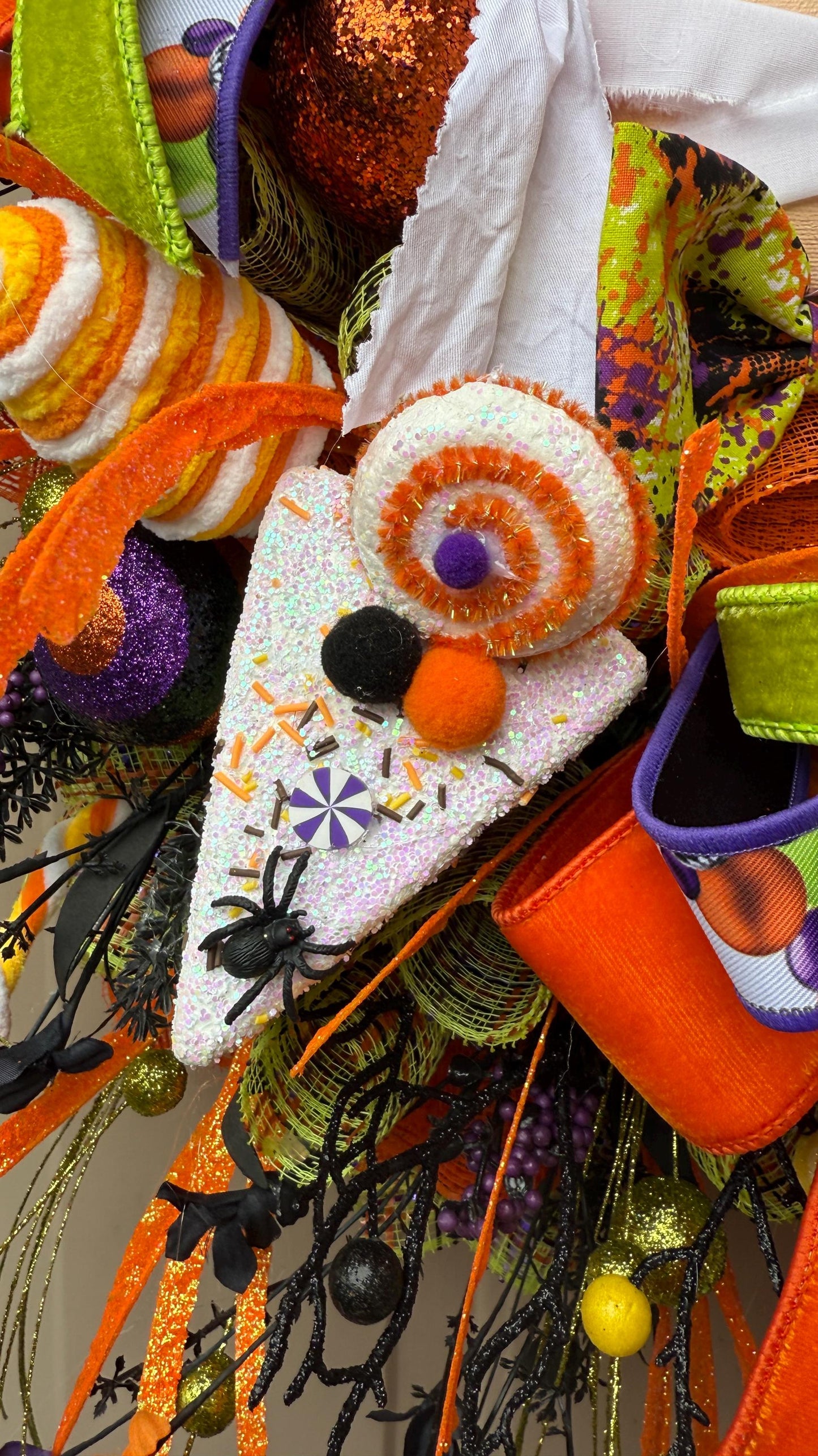 Mummy Halloween Wreath: Handmade Deco Mesh, Candy Corn Decor