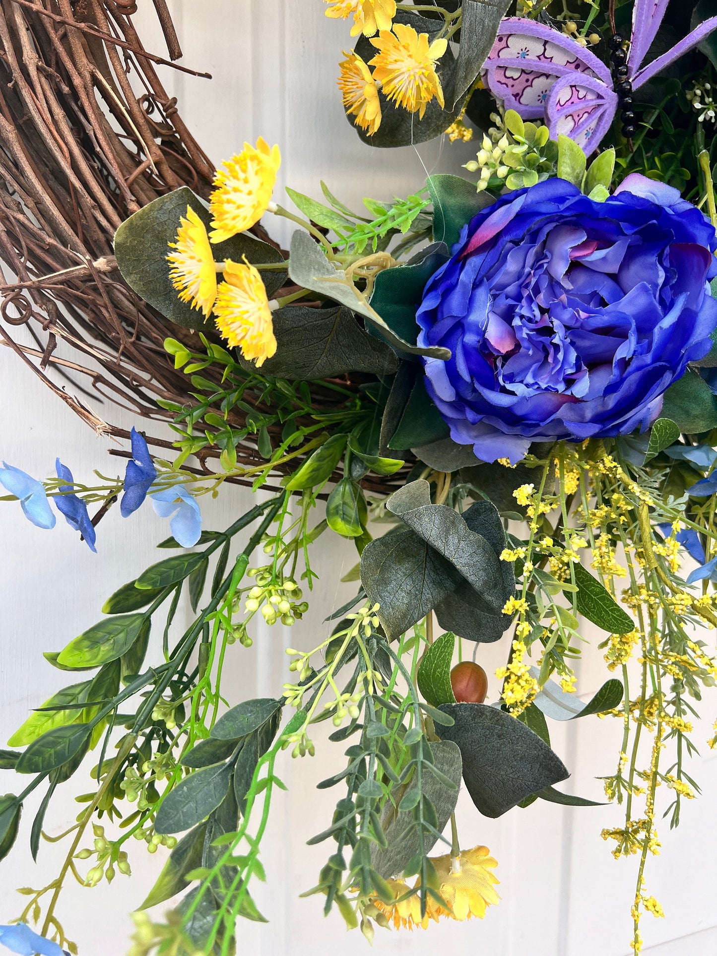 Blue Peony Wreath: Floral Grapevine, Summer Farmhouse Decor