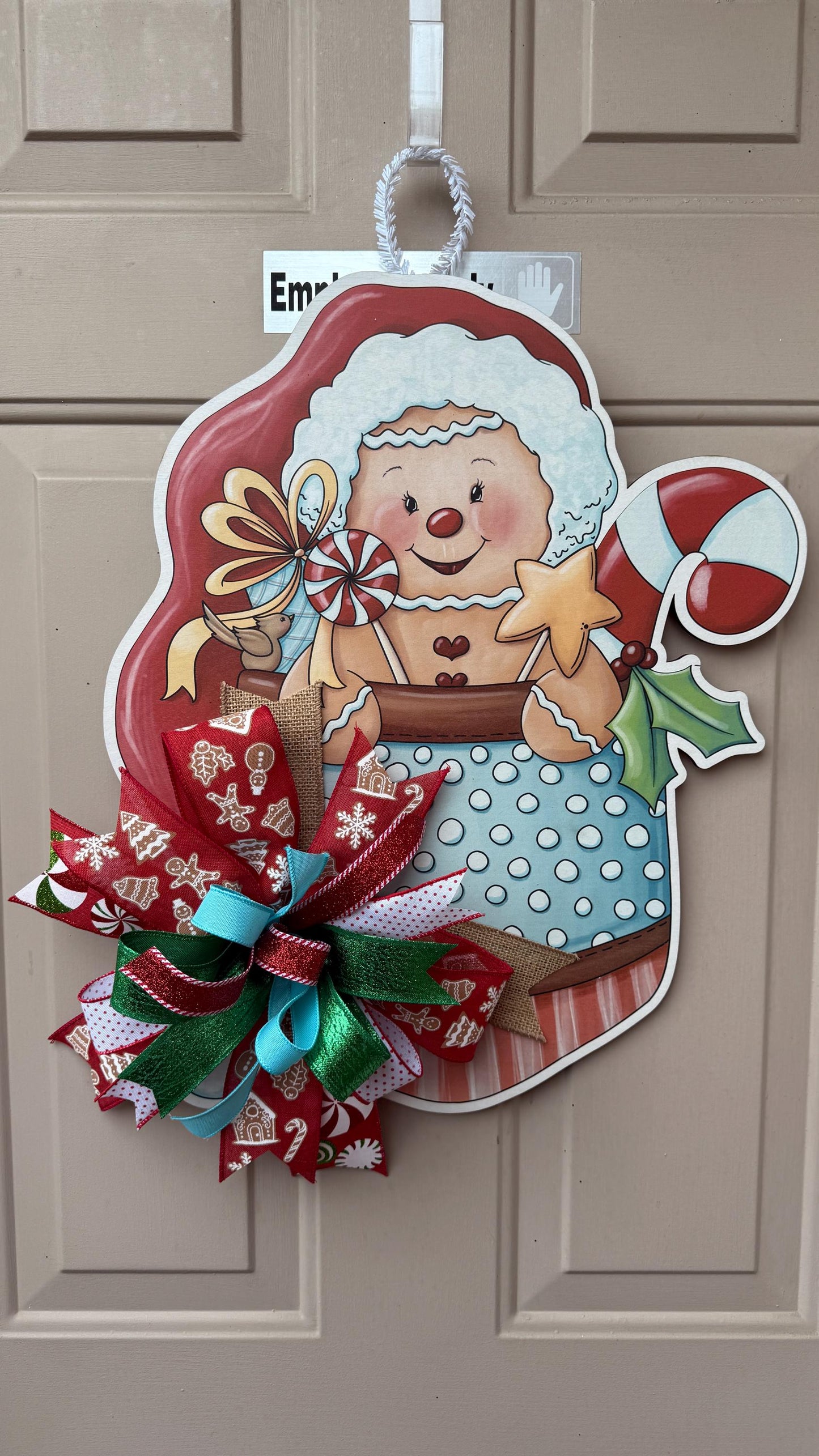 Handmade Gingerbread door hanger, Christmas Candy decor with bow, Holiday Kitchen Wall Art, Festive Gingerbread decoration for front door