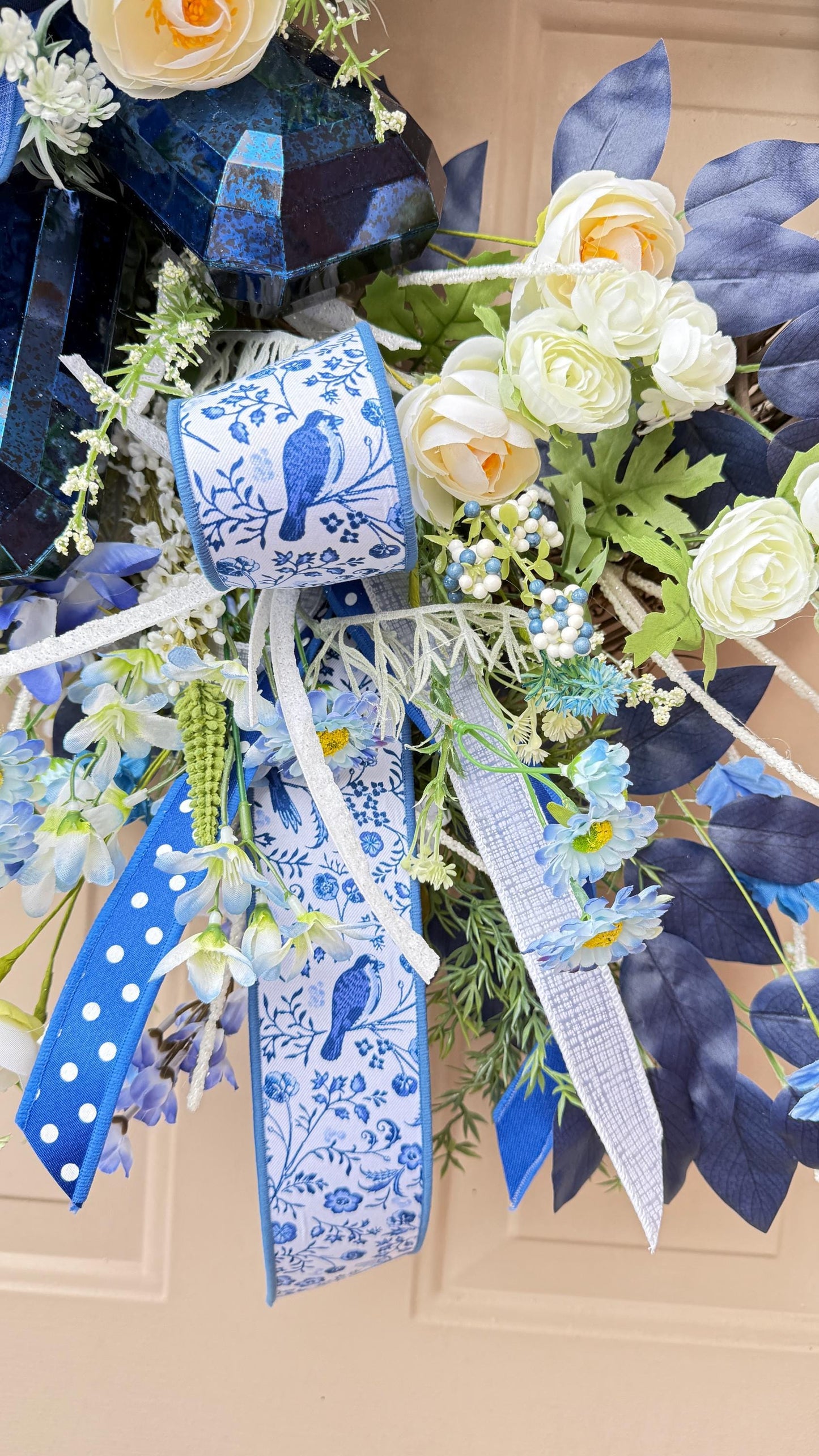 Blue Floral Wreath: French Countryside Decor, Silk Roses (24 inch)