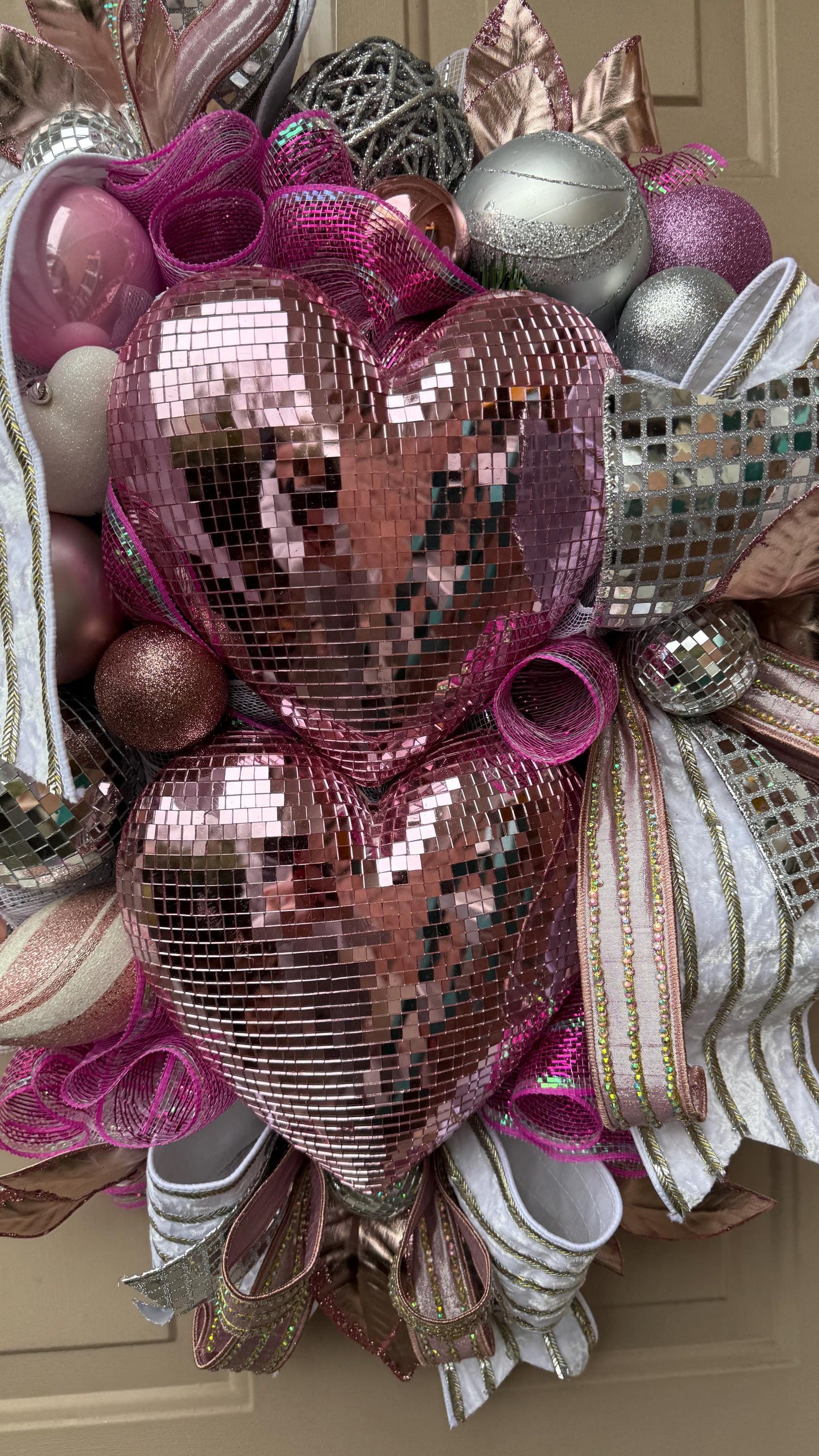 Heart Valentine Wreath Pink and Silver Glam Decor, Large Front Door Decoration