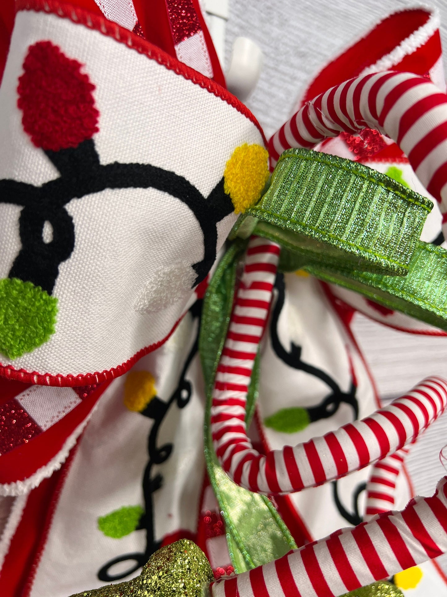 Christmas Red White Green Holiday Bow, Tree Topper with Elf Legs, Glitter Plaid Mailbox Decoration