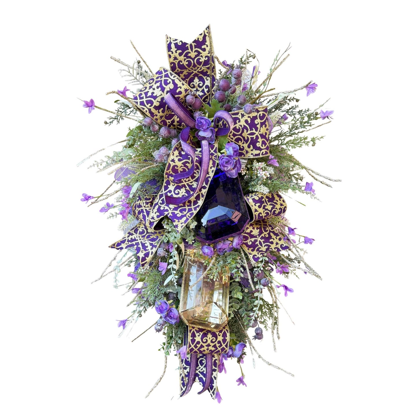 Purple and Gold Gem Wreath Holiday Decor Glitter Accents Handmade Front Door Wreath
