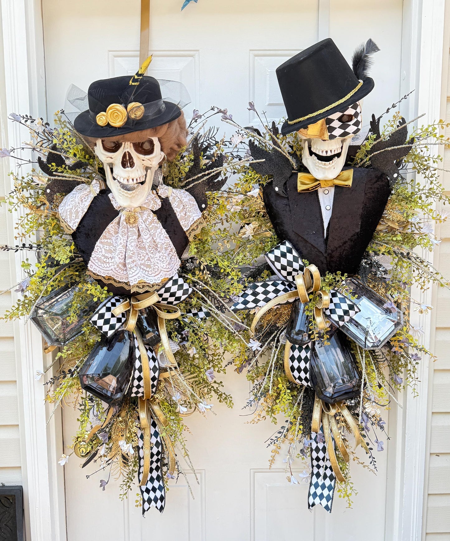 Skeleton Bride And Groom Halloween Swags: Gothic Double Door Decor Black and White Decoration