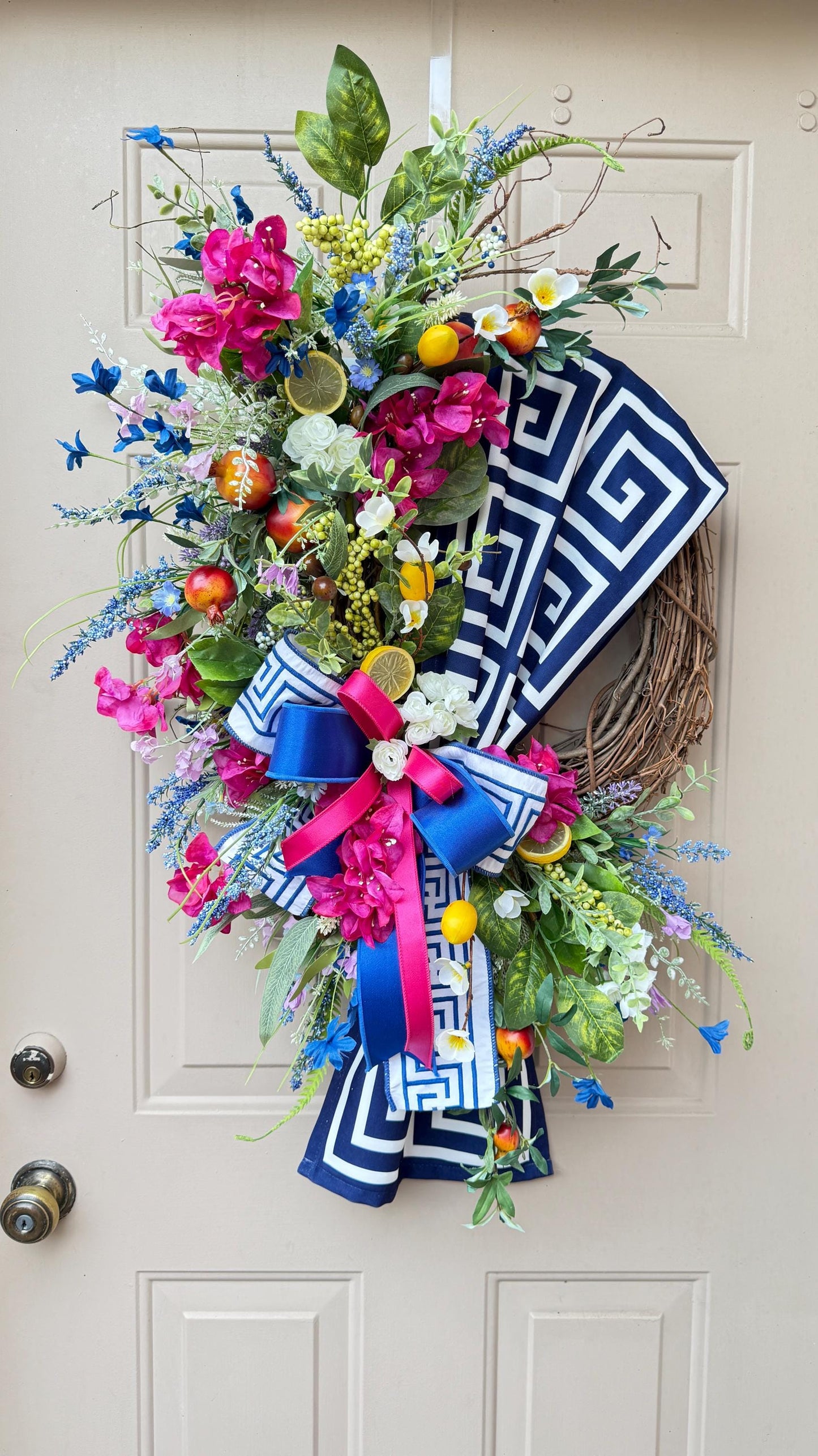 Mediterranean Lemon Grapevine Wreath: Greek Key Ribbon, Faux Florals
