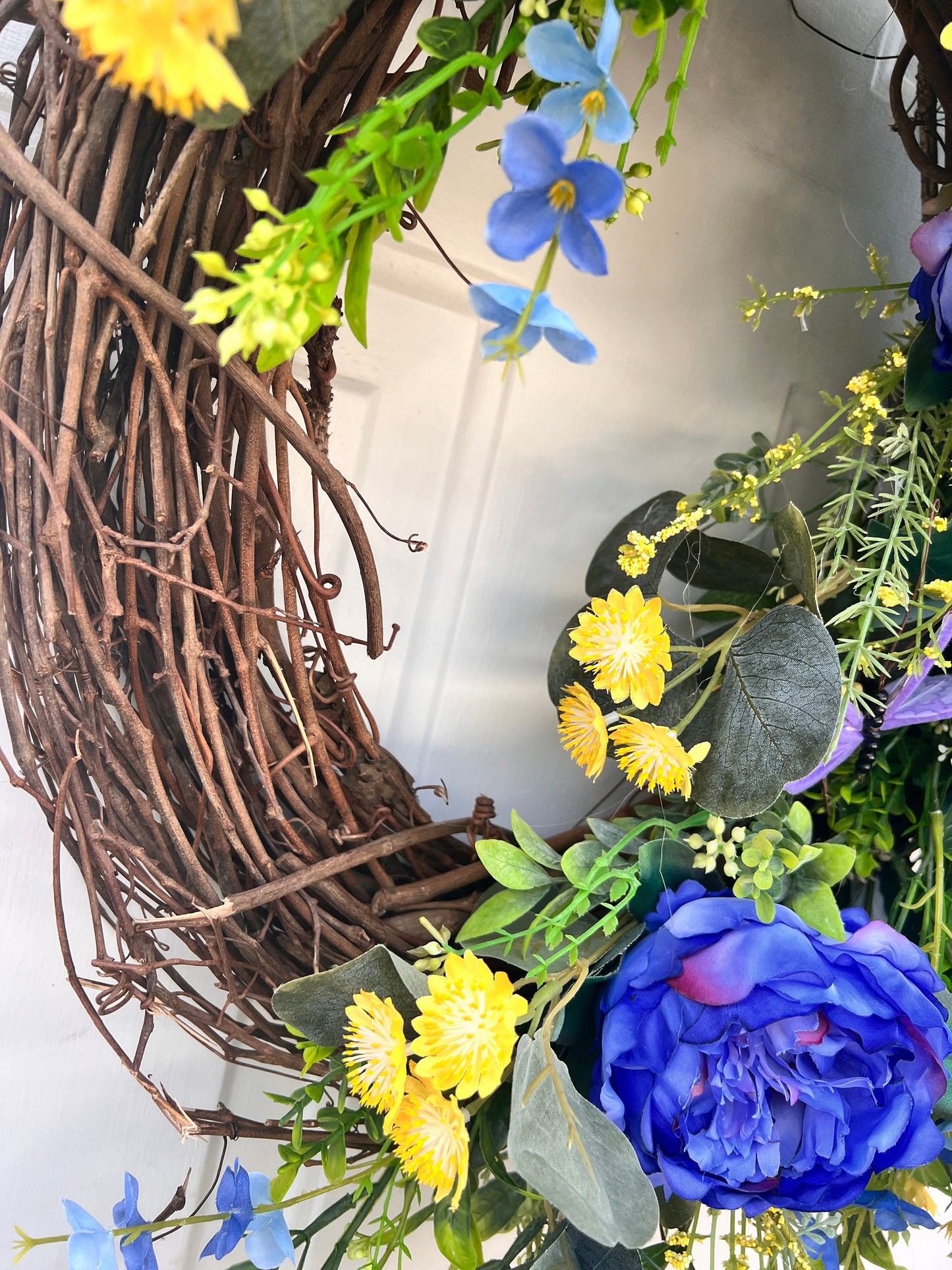 Blue Peony Wreath: Floral Grapevine, Summer Farmhouse Decor