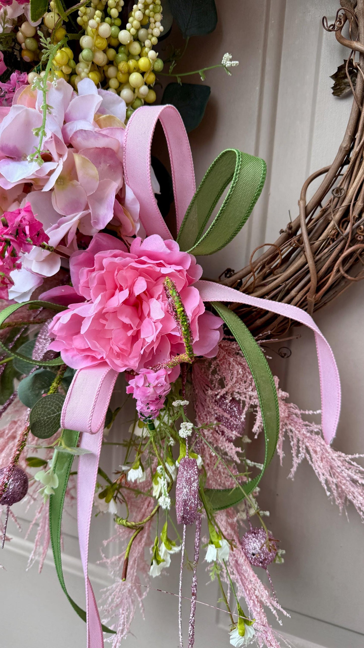 Floral Grapevine Wreath: Pink Wildflowers, Lace Bow, Farmhouse Decor