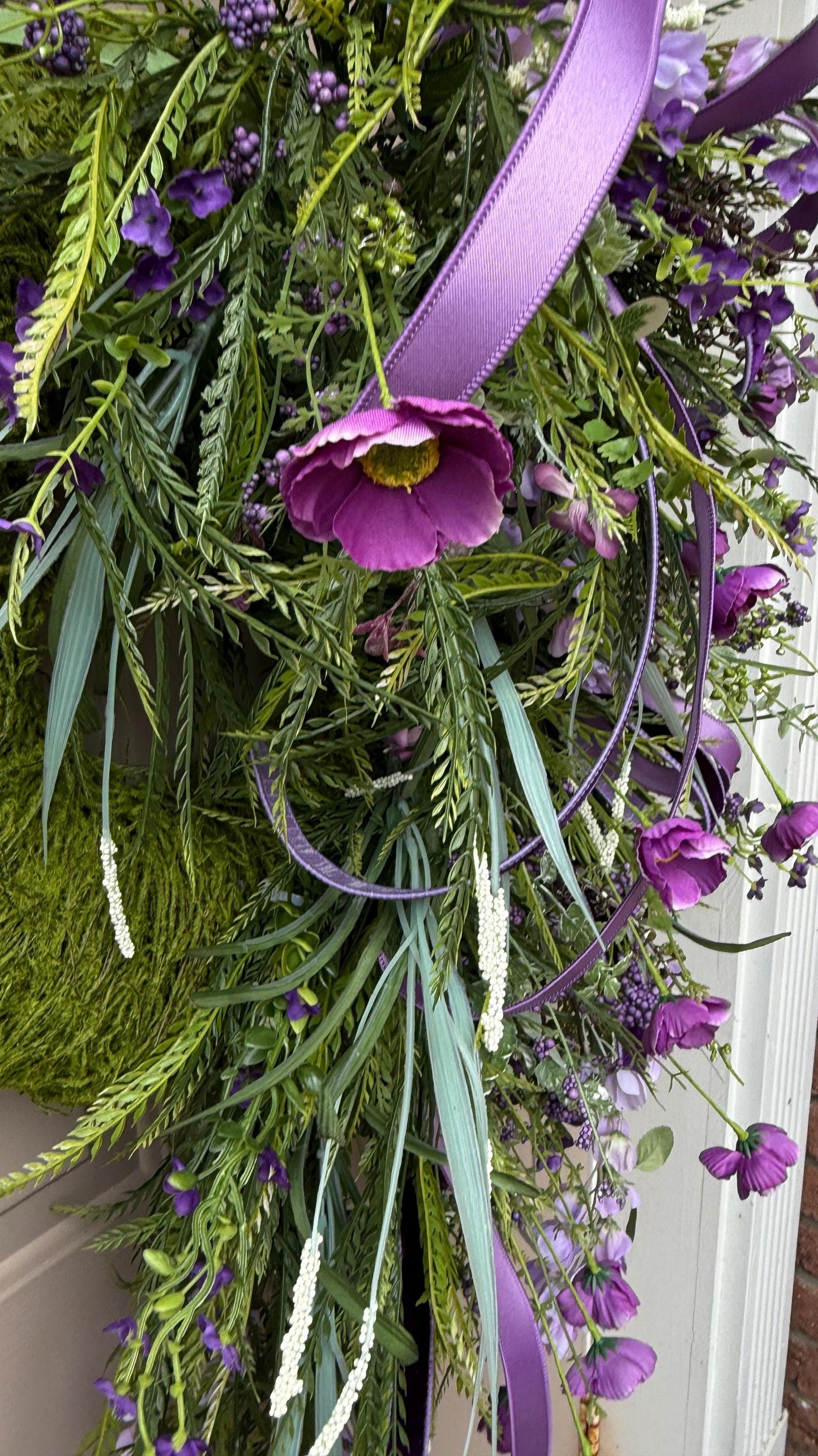 Lavender & Purple Floral Wreath: Moss Base, Satin Ribbons