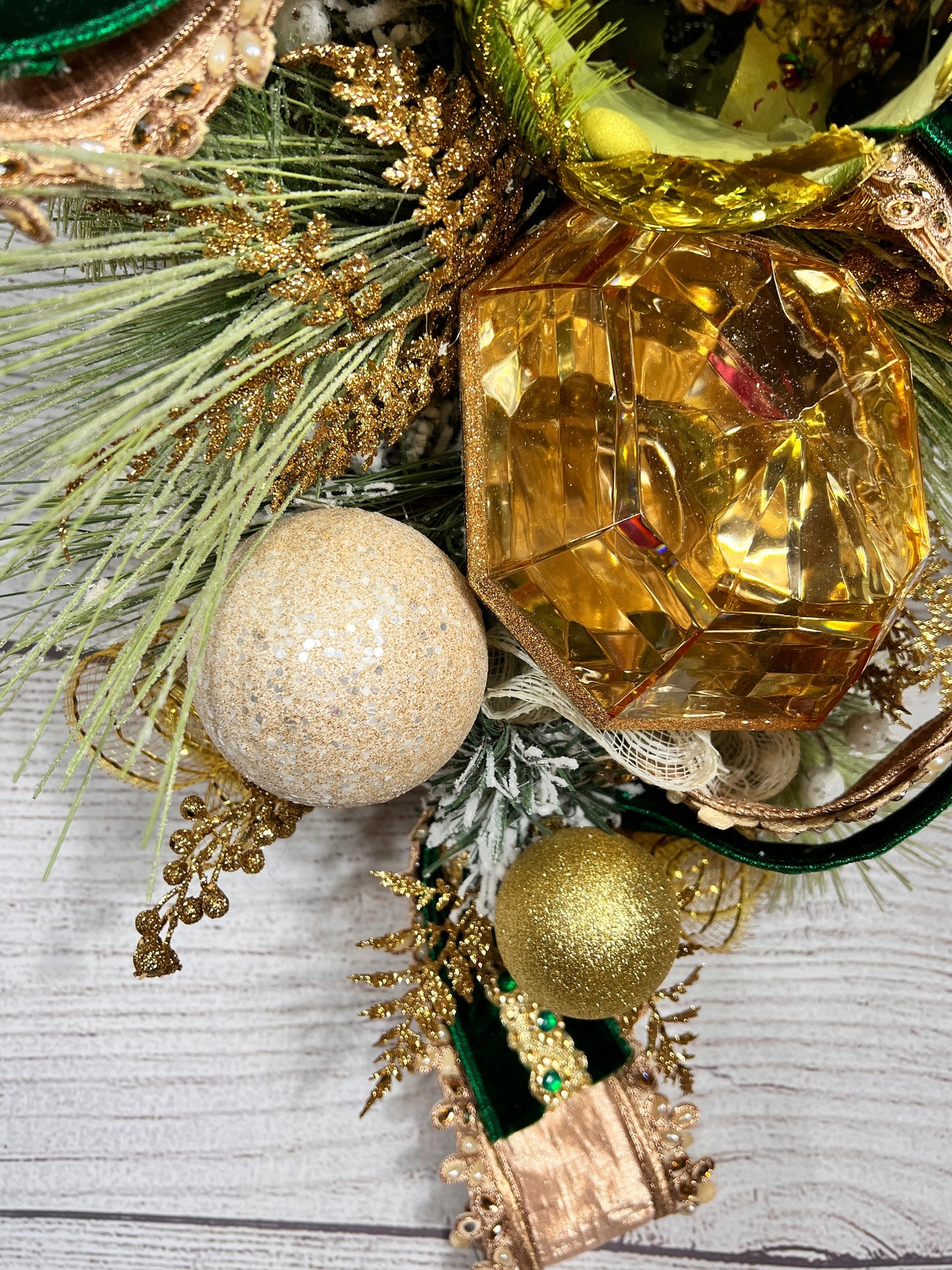 Green and Gold Christmas Swag with Velvet Ribbon, Glam Holiday Door Swag, Elegant Champagne Xmas Decor