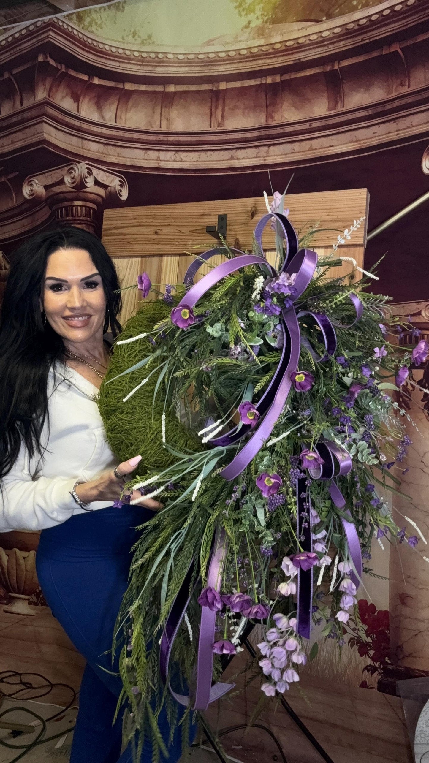 Lavender & Purple Floral Wreath: Moss Base, Satin Ribbons