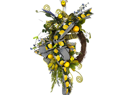Black and Yellow Bee Wreath with Lemon Accents, Front Door Decor, Black and Yellow Bow