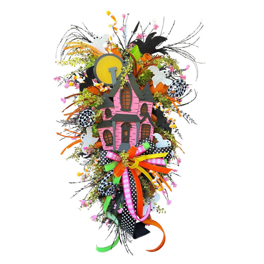 Light Up Haunted House Halloween Swag with Remote Pink Black Orange Door Swag