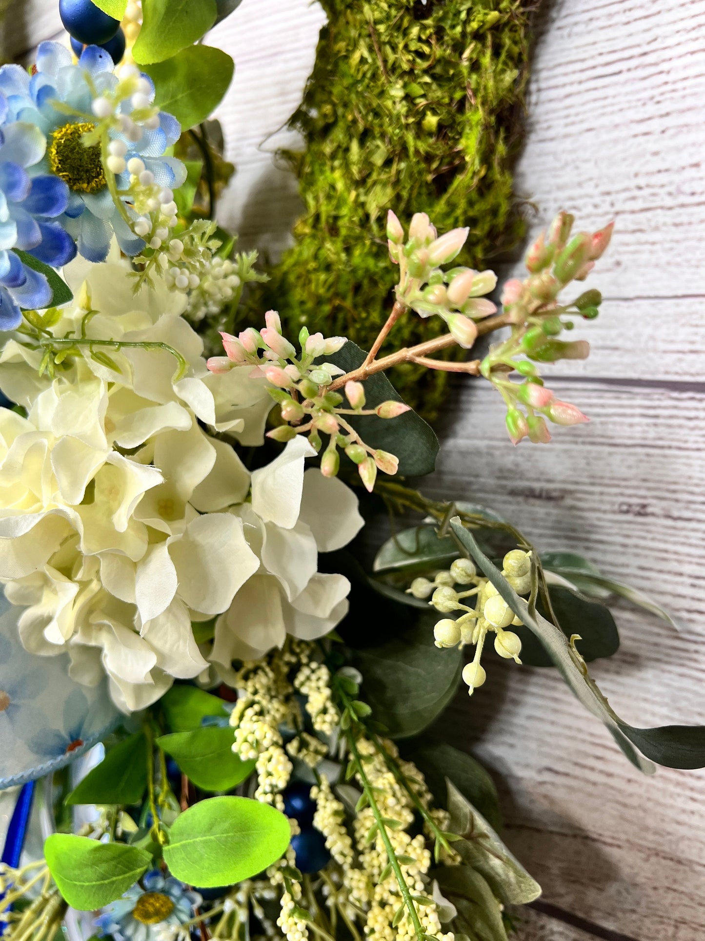 Floral Moss Wreath: Blue Hydrangea, Garden Party Decor