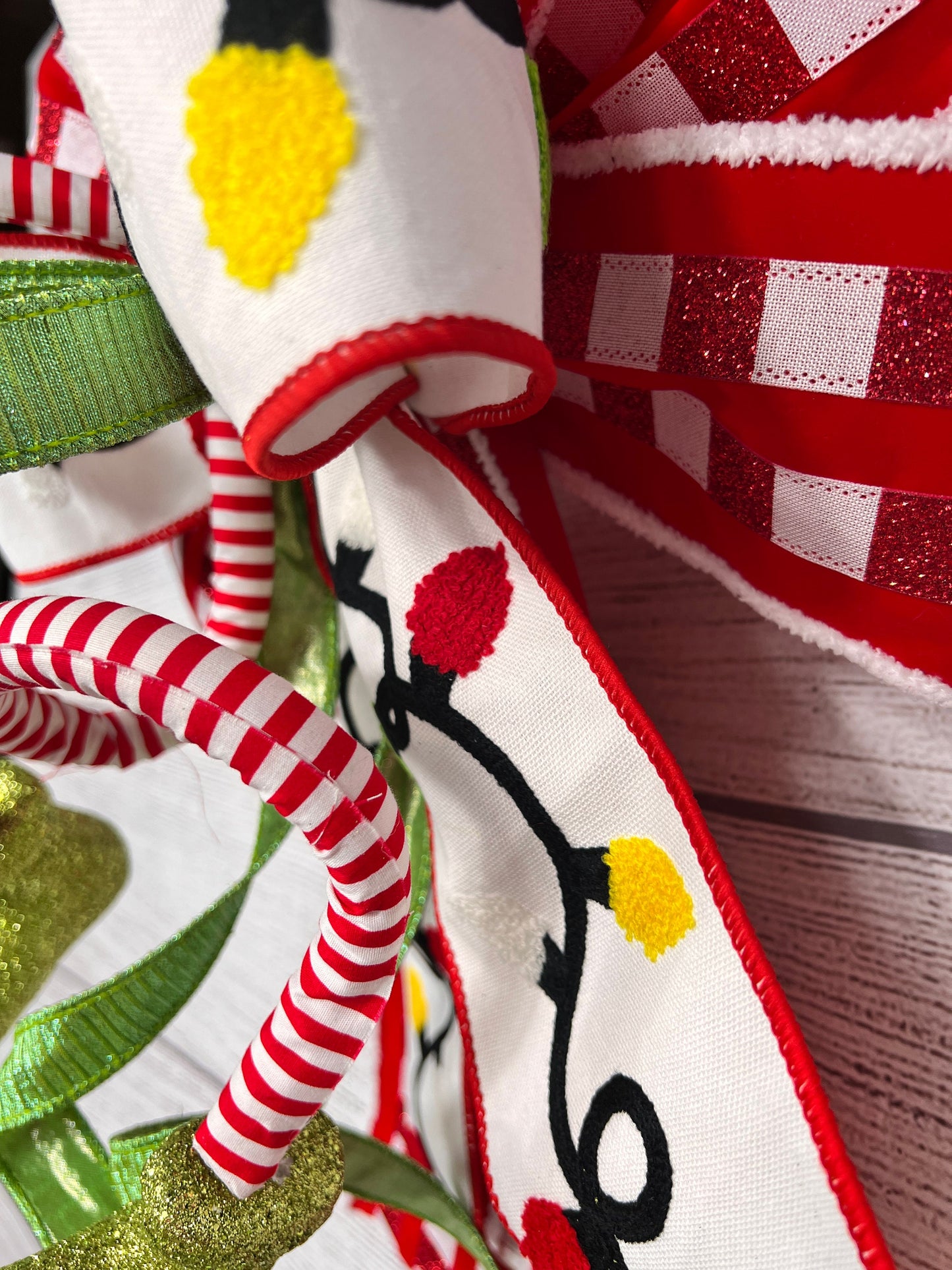 Christmas Red White Green Holiday Bow, Tree Topper with Elf Legs, Glitter Plaid Mailbox Decoration