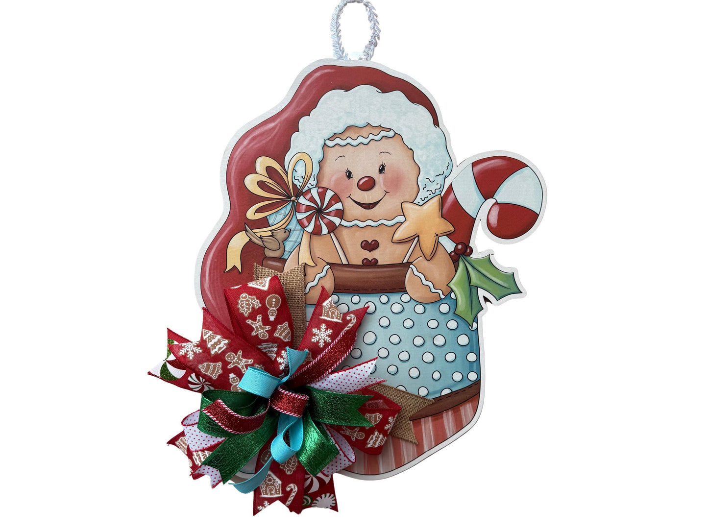 Handmade Gingerbread door hanger, Christmas Candy decor with bow, Holiday Kitchen Wall Art, Festive Gingerbread decoration for front door