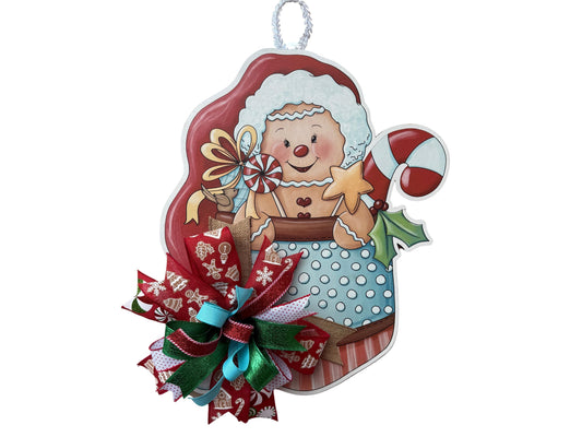 Handmade Gingerbread door hanger, Christmas Candy decor with bow, Holiday Kitchen Wall Art, Festive Gingerbread decoration for front door