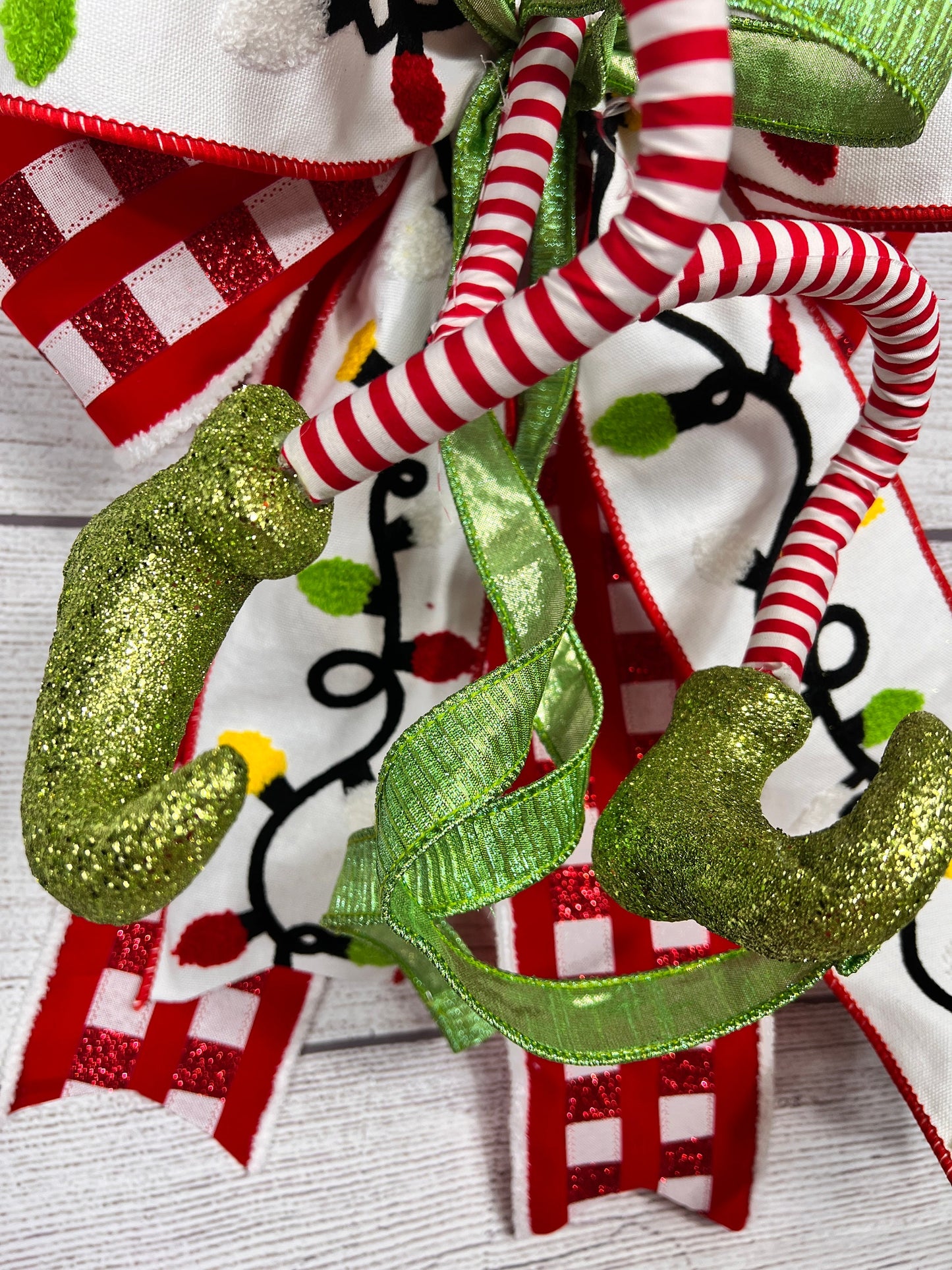 Christmas Red White Green Holiday Bow, Tree Topper with Elf Legs, Glitter Plaid Mailbox Decoration