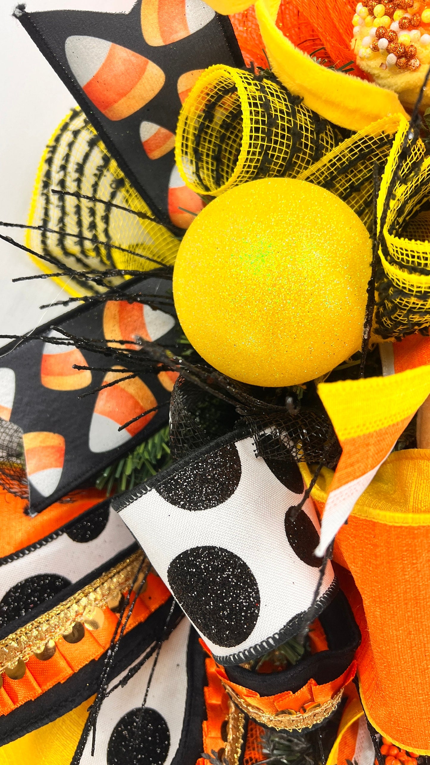 Halloween Pumpkin Wreath: Jack O' Lantern, Candy Corn Gem Accents