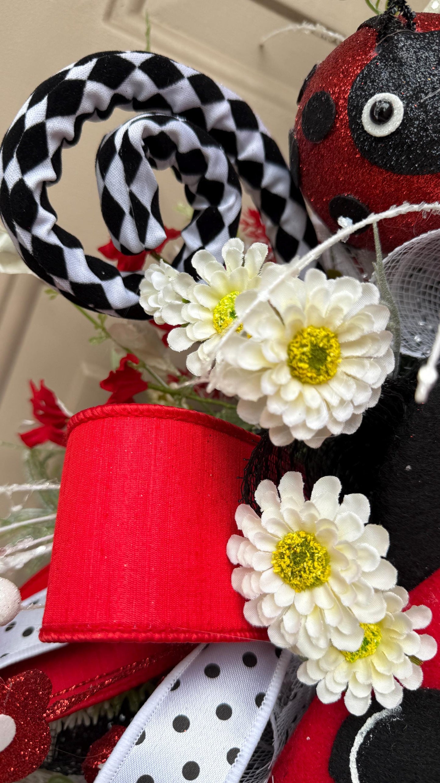 Ladybug Wreath: Red, Black & White Ribbons, Summer Door Decor