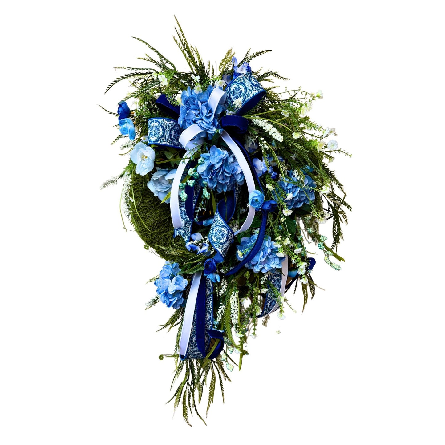 Blue Hydrangea Wreath: XL Moss Base, Chinoiserie Ribbon Door Decor