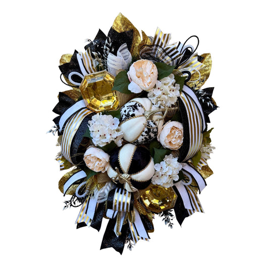 Luxury Fall Wreath: Black, Gold, & Velvet Jeweled Pumpkins