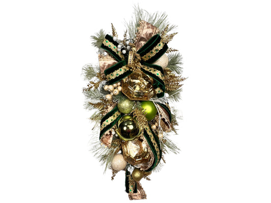 Elegant Winter Swag, Swag with Large Gems, Luxurious Green & Gold Christmas Wreath with Velvet Ribbon and Ornaments - Elegant Holiday Décor