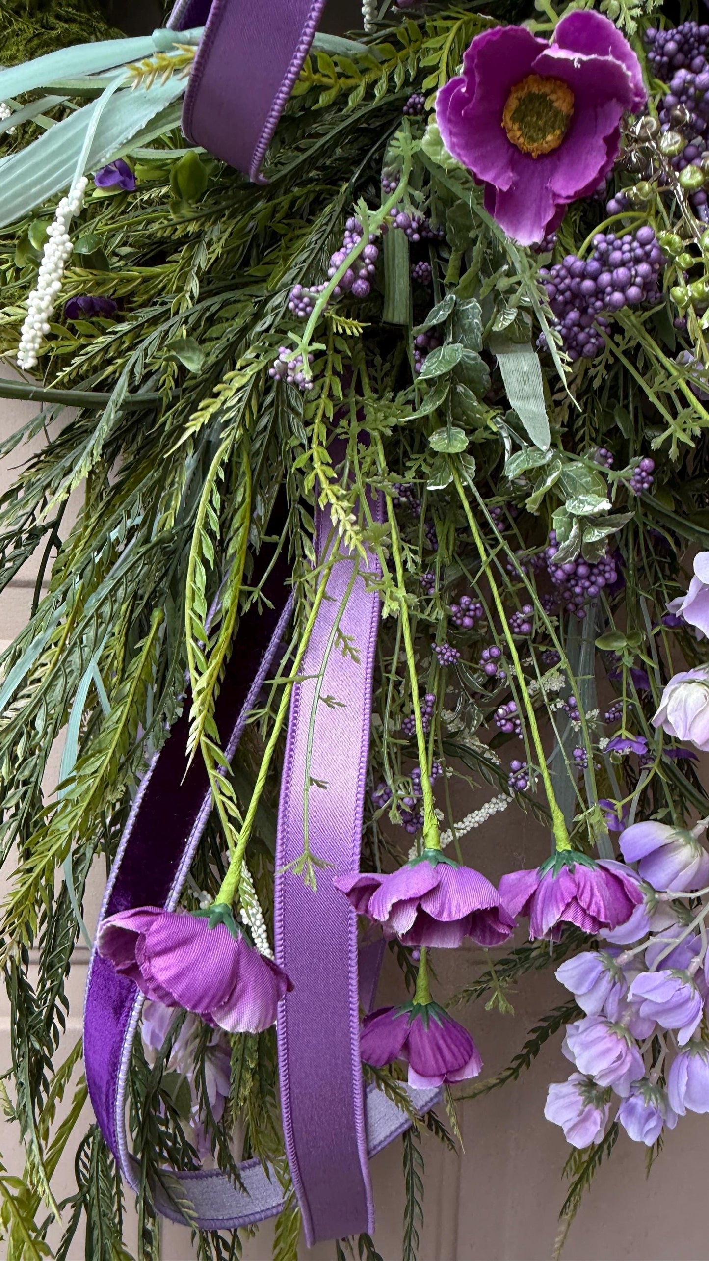 Lavender & Purple Floral Wreath: Moss Base, Satin Ribbons