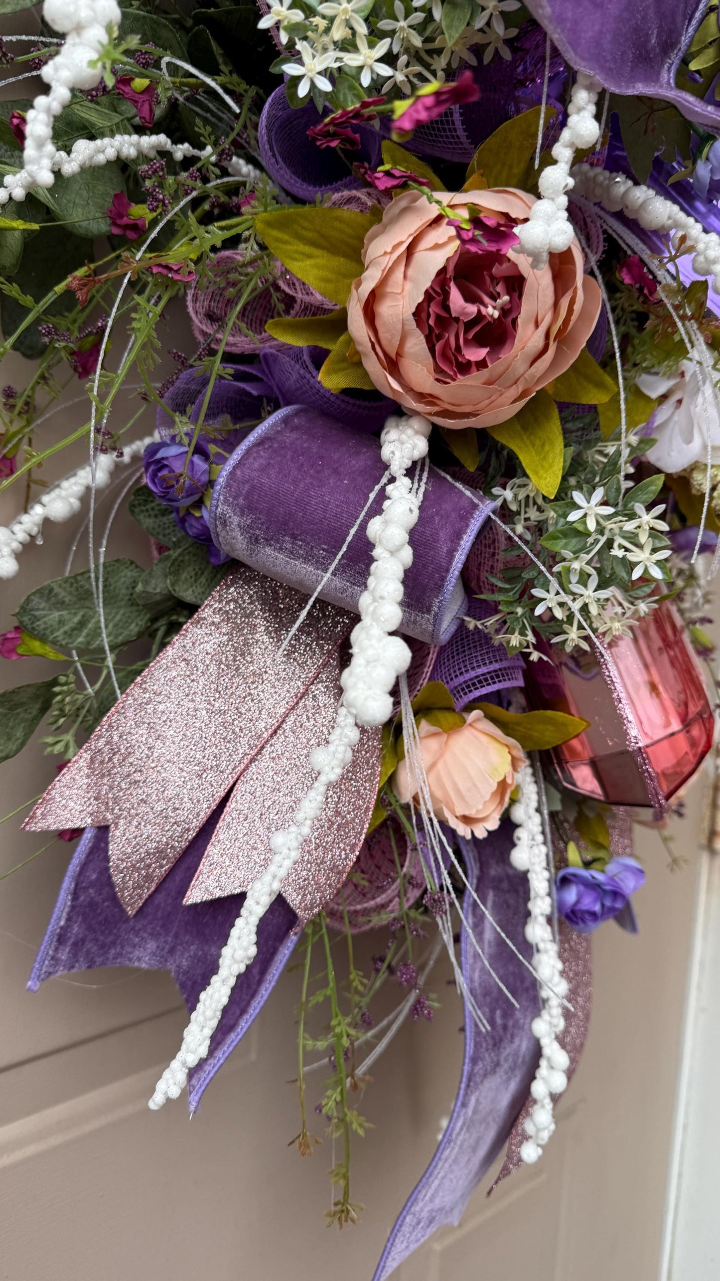 Floral Swag: Purple, Blush Roses & Gem Accents - Luxury Home Decor