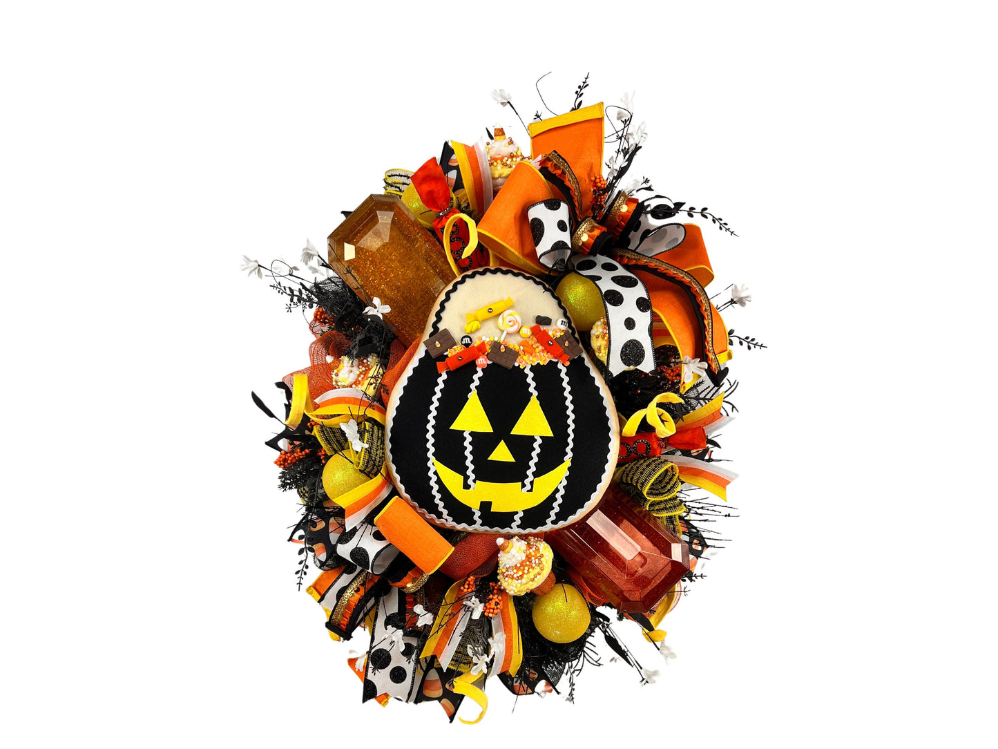 Halloween Pumpkin Wreath: Jack O' Lantern, Candy Corn Gem Accents