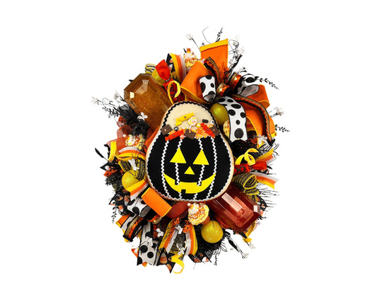 Halloween Pumpkin Wreath: Jack O' Lantern, Candy Corn Gem Accents