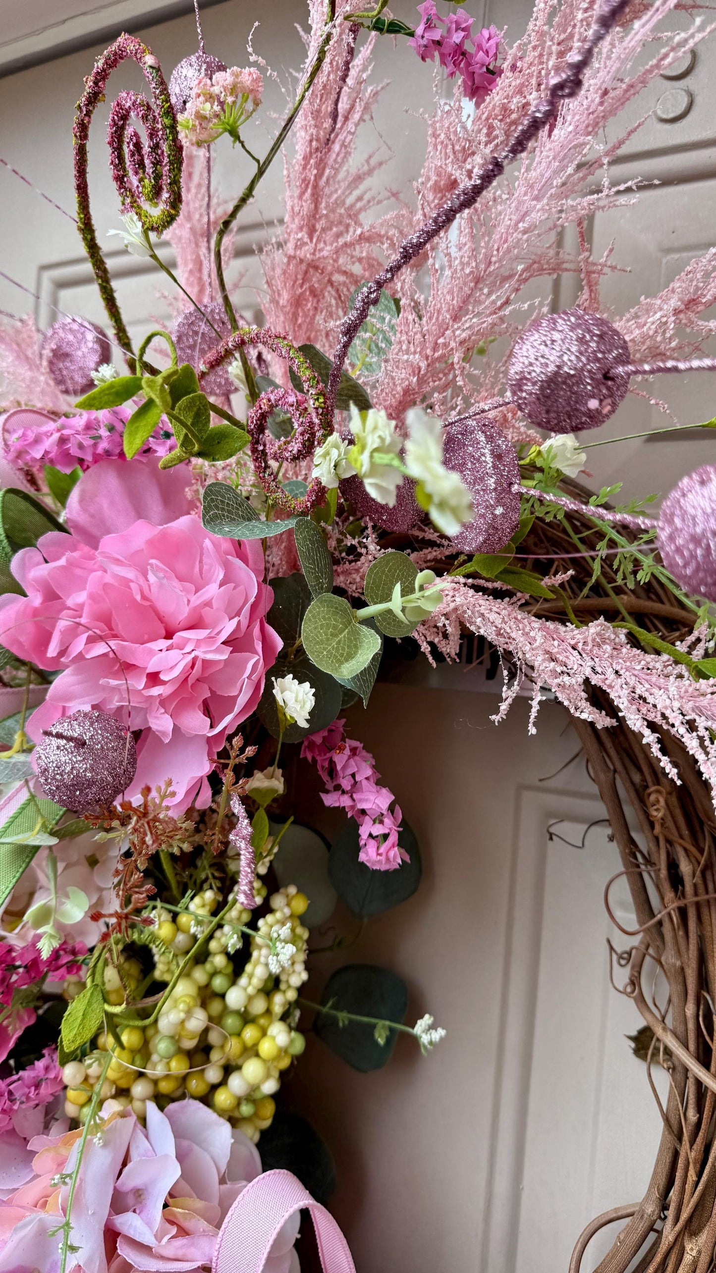 Floral Grapevine Wreath: Pink Wildflowers, Lace Bow, Farmhouse Decor