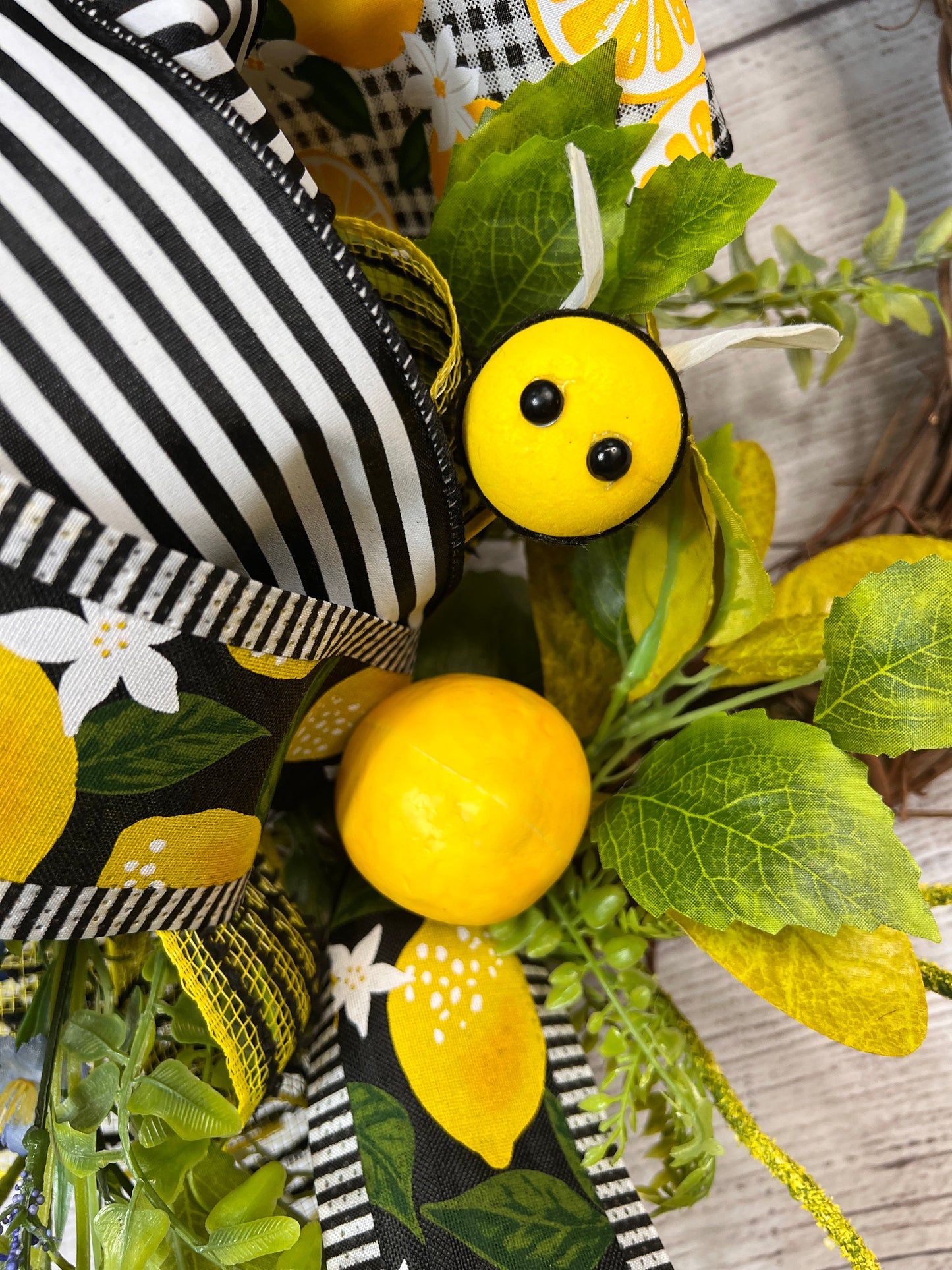 Black and Yellow Bee Wreath with Lemon Accents, Front Door Decor, Black and Yellow Bow