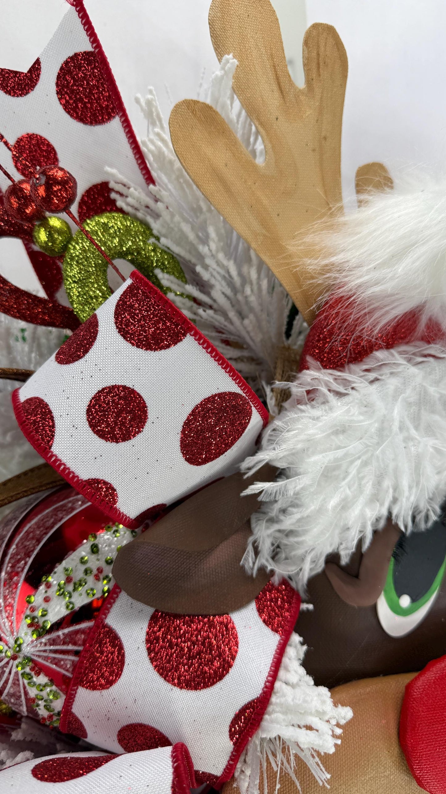 Handmade Rustic Reindeer Wreath, Red And White Holiday Decor for a Warm Welcome, Festive Decor