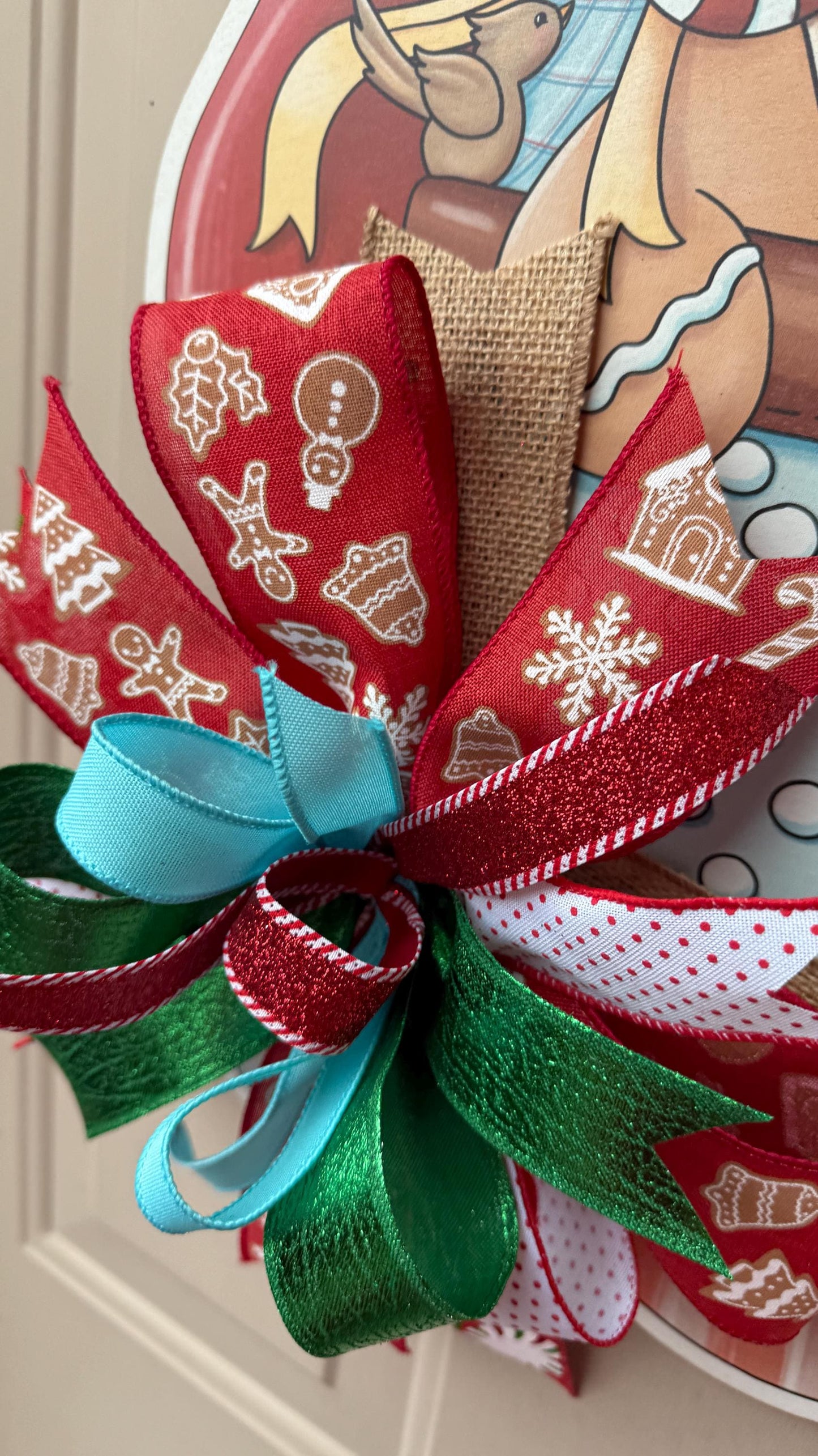 Handmade Gingerbread door hanger, Christmas Candy decor with bow, Holiday Kitchen Wall Art, Festive Gingerbread decoration for front door