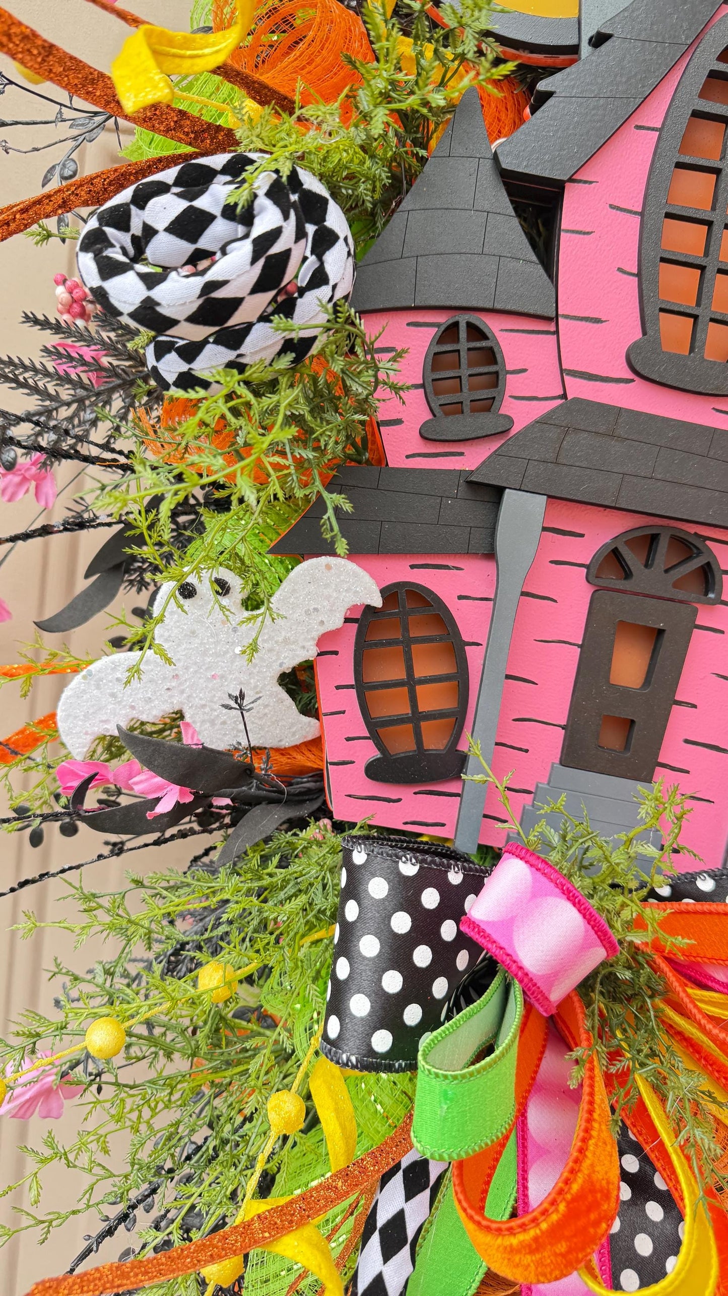 Light Up Haunted House Halloween Swag with Remote Pink Black Orange Door Swag